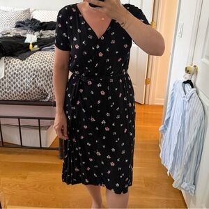GAP Black Midi Wrap Dress with Pink Floral Print